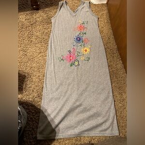 Gray Maxi Dress with Floral Embroidery